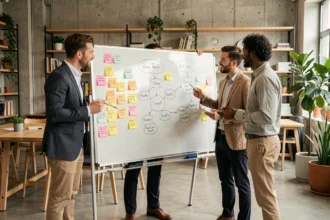 Équipe de professionnels utilisant des outils d'innovation comme le mind mapping et les post-it lors d'une session de brainstorming en lab