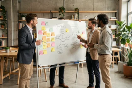 Équipe de professionnels utilisant des outils d'innovation comme le mind mapping et les post-it lors d'une session de brainstorming en lab