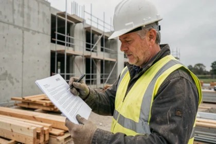 Ouvrier du bâtiment consultant un contrat A500 sur un chantier de construction résidentiel