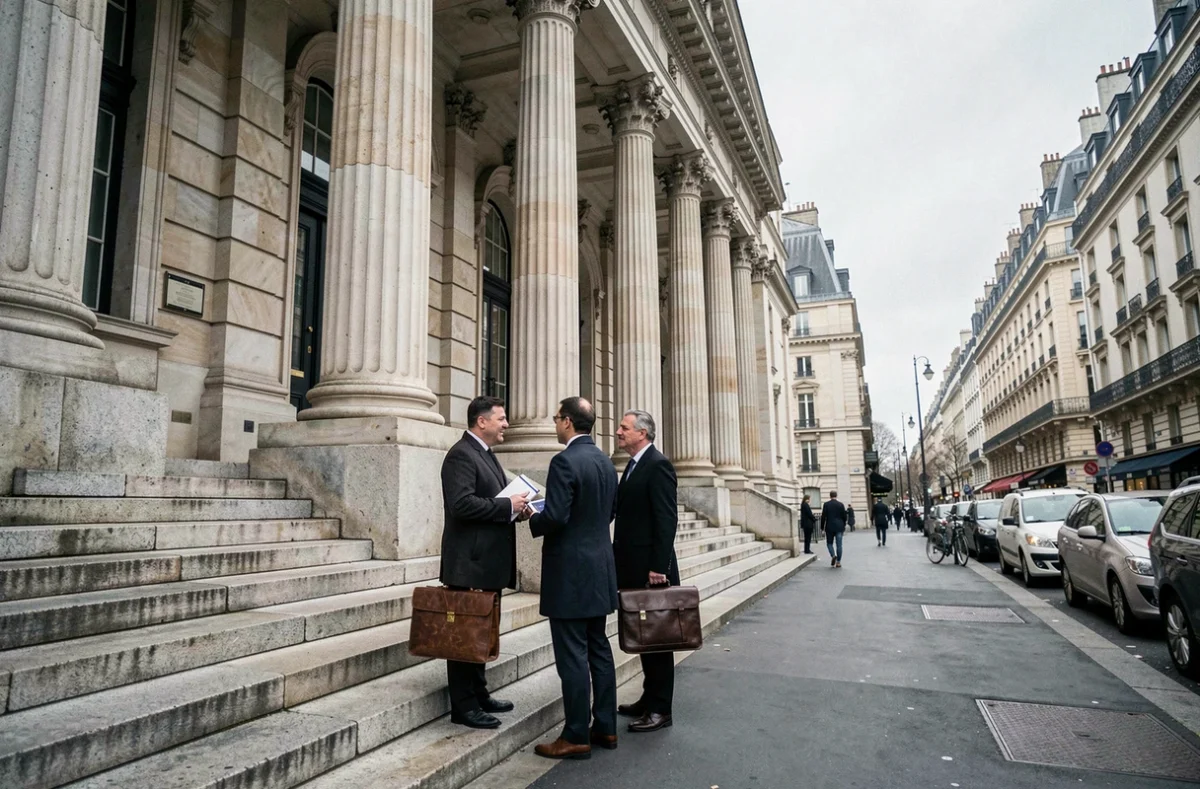 Palais Brongniart à Paris avec des professionnels de la finance sur les marches, symbole de la propriété des grandes entreprises françaises