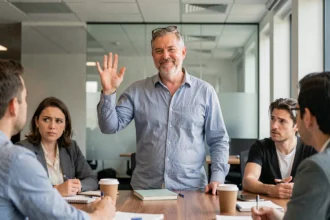 Homme d'âge moyen à l'air suffisant prenant la parole en réunion pendant que ses collègues échangent des regards sceptiques, illustrant le concept de personne qui croit tout savoir