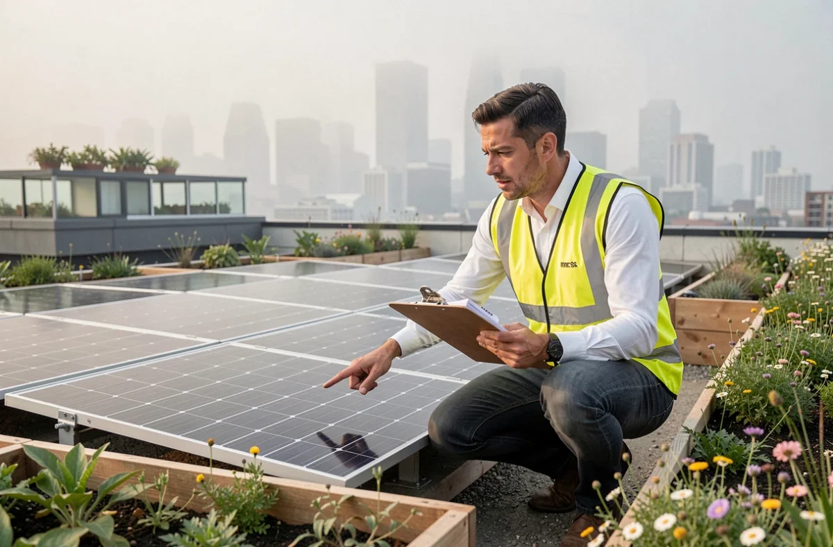 Ingénieur environnemental inspectant des panneaux solaires sur un toit végétalisé, illustrant le pilier environnemental de la RSE