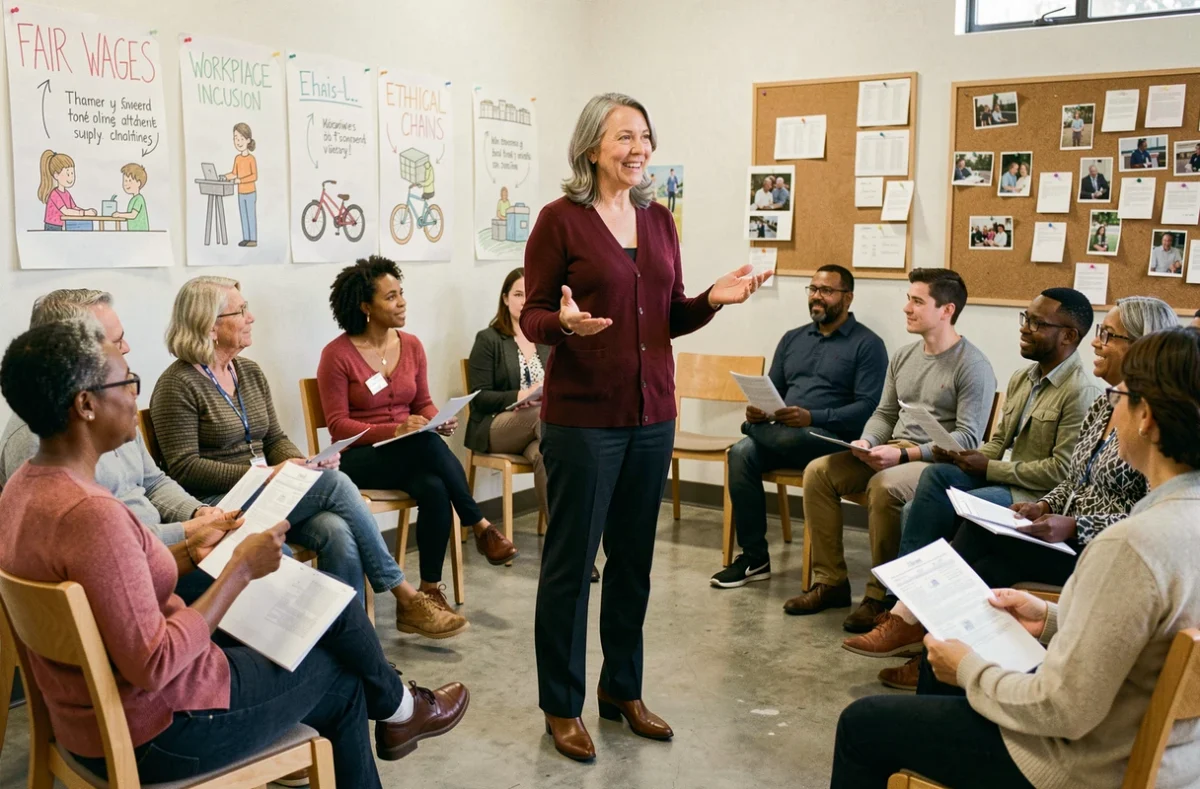 Coordinatrice animant un atelier communautaire sur les responsabilités sociales et éthiques dans le cadre des piliers de la RSE