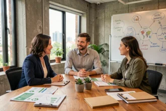 Trois professionnels discutant des trois piliers de la RSE autour d'une table de réunion avec des documents sur le développement durable