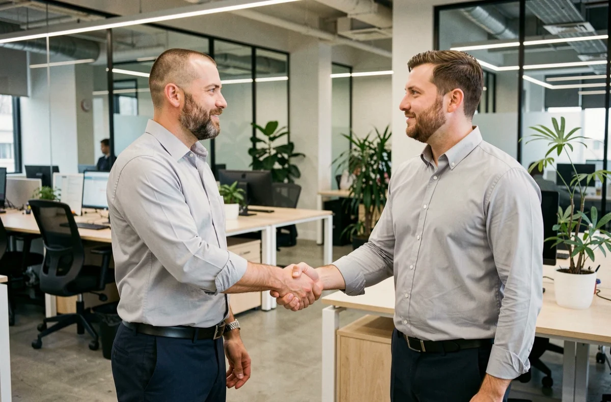 Poignée de main professionnelle lors d'un accueil en entreprise dans un bureau moderne en open space