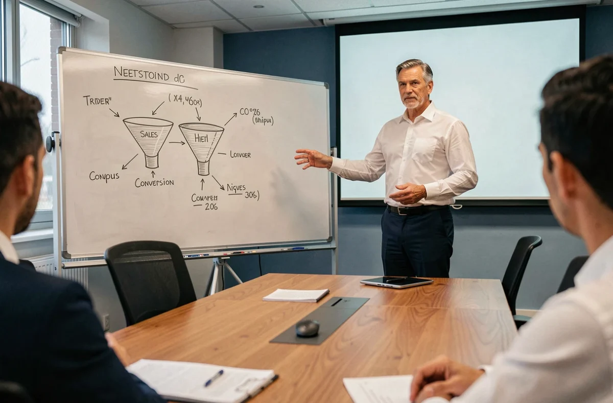 Homme d'affaires présentant une stratégie de génération de leads sur un tableau blanc lors d'une réunion d'équipe