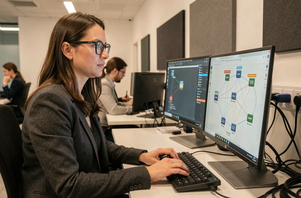 Professionnelle en cybersécurité analysant un schéma de périmètre de sécurité réseau sur écran d'ordinateur