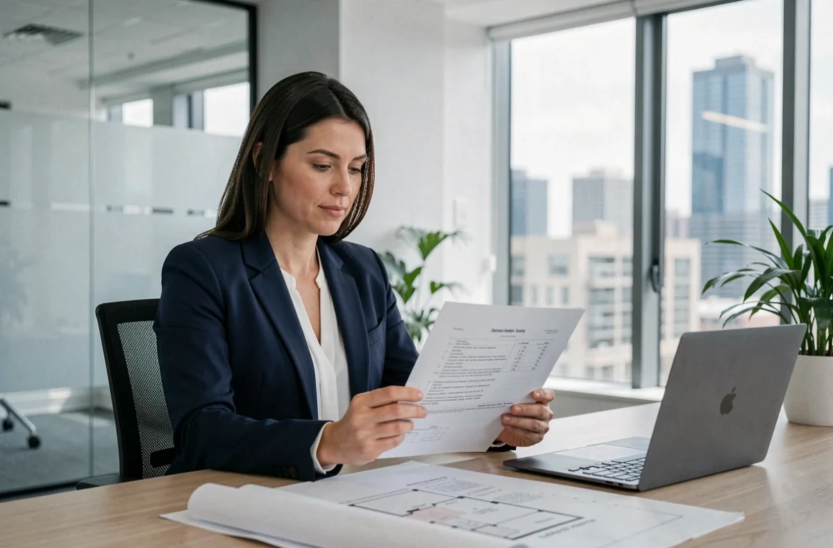Professionnelle de l'immobilier analysant un contrat A500 dans un bureau moderne