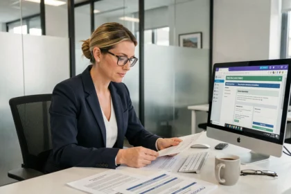Professionnelle québécoise analysant des documents sur la protection des données personnelles conformément à la loi 25