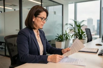 Professionnelle analysant des documents juridiques liés à la loi 64 sur la protection des données personnelles au Québec