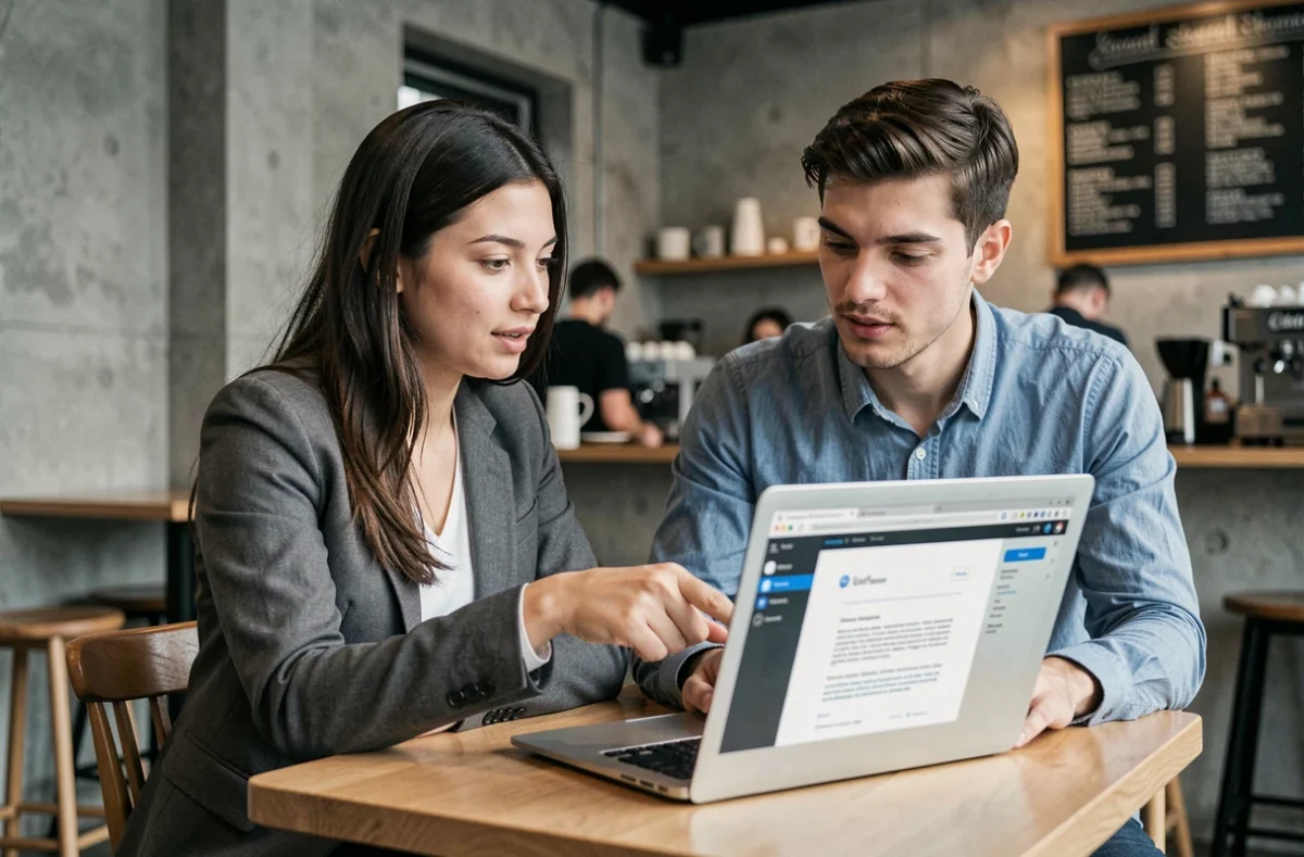Deux jeunes professionnels collaborant ensemble sur la rédaction d'un e-mail de partenariat sur un ordinateur portable dans un café