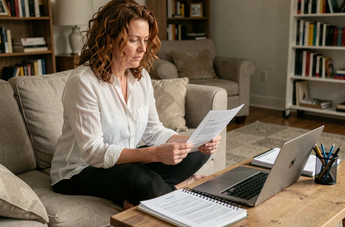 Femme mature recherchant un emploi en télétravail depuis son salon avec CV et ordinateur portable