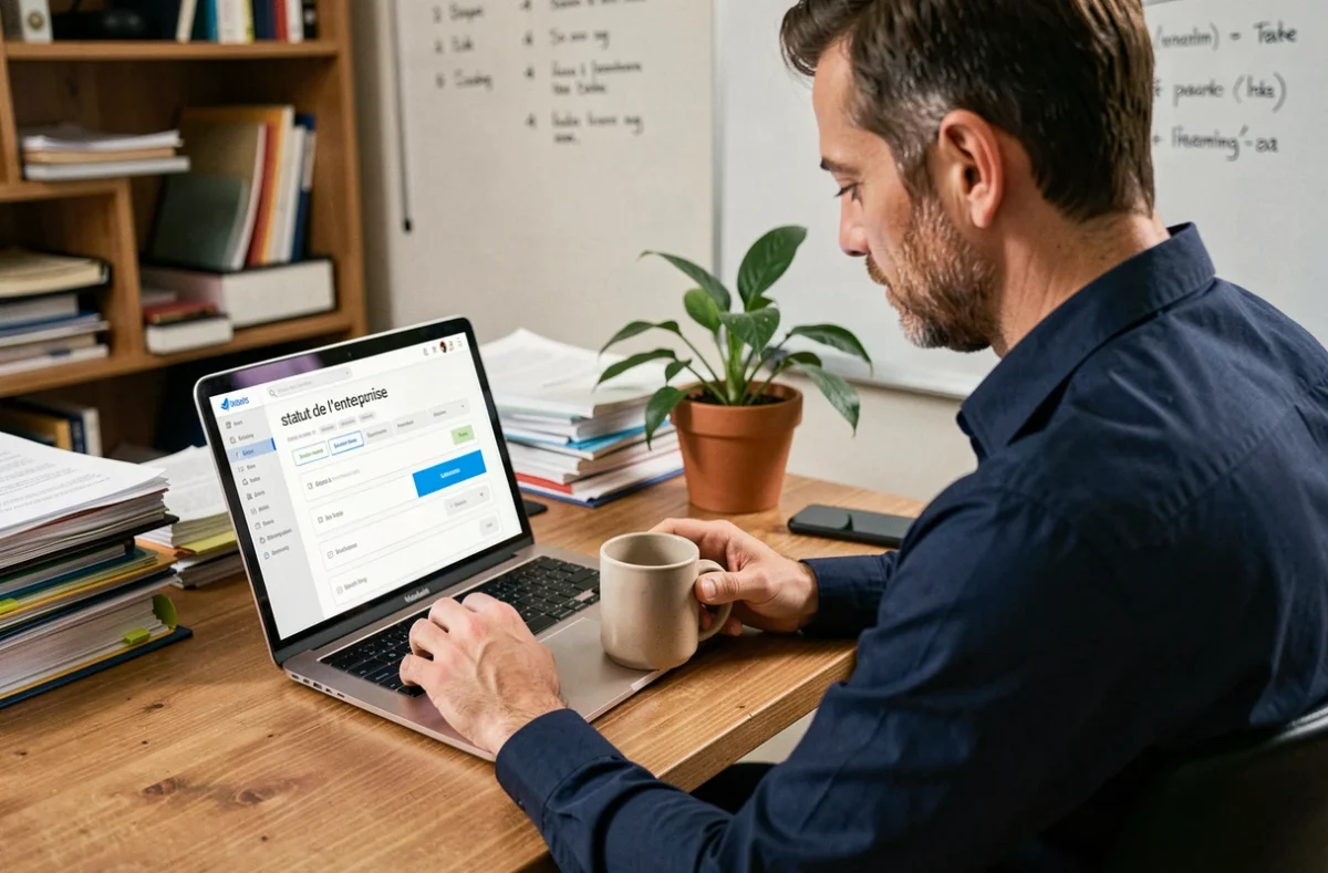 Homme recherchant le statut d'une entreprise fermée sur un site officiel de registre des sociétés depuis son bureau à domicile