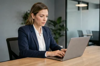 Femme professionnelle rédigeant un e-mail de demande de collaboration sur son ordinateur portable dans un bureau moderne