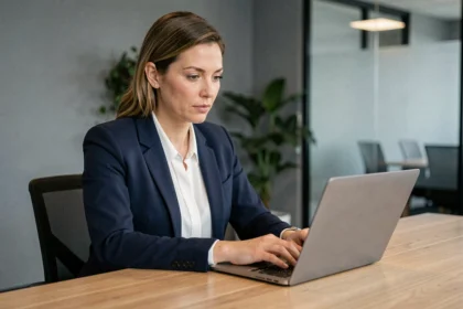 Femme professionnelle rédigeant un e-mail de demande de collaboration sur son ordinateur portable dans un bureau moderne