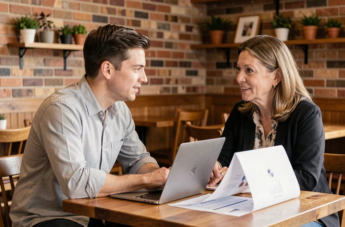 Chargé de clientèle et cliente en discussion collaborative dans un café chaleureux, illustrant une relation commerciale de proximité