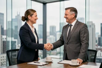 Femme d'affaires serrant la main d'un fournisseur dans une salle de réunion moderne, symbolisant une relation professionnelle de confiance