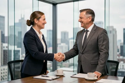 Femme d'affaires serrant la main d'un fournisseur dans une salle de réunion moderne, symbolisant une relation professionnelle de confiance