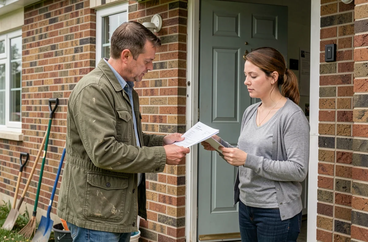 Homme à tout faire remettant une facture à une cliente devant une maison individuelle