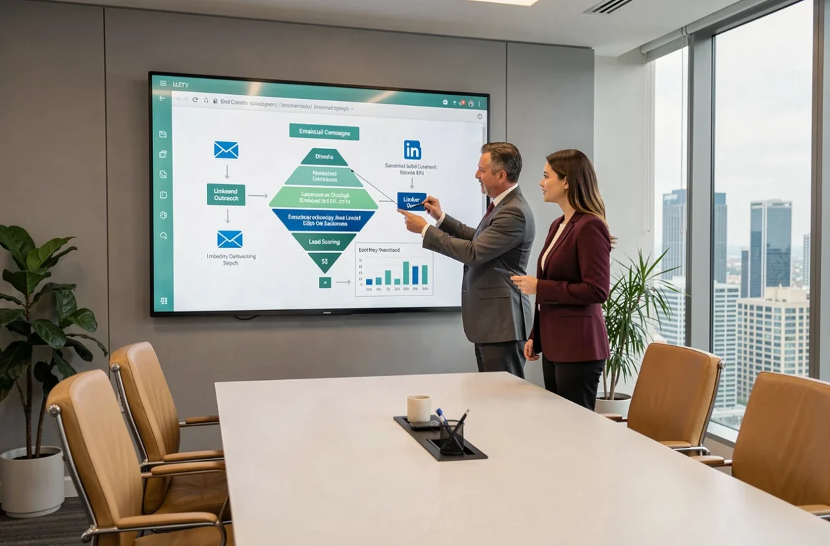 Deux professionnels B2B présentant une stratégie de génération de leads sur un écran interactif en salle de réunion