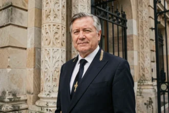 Portrait solennel d'un homme en tenue de cérémonie devant la façade d'un palais royal, illustrant la figure monarchique et ses fonctions représentatives