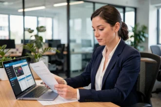 Femme professionnelle en bureau analysant des documents de paie en cryptomonnaie sur un ordinateur portable