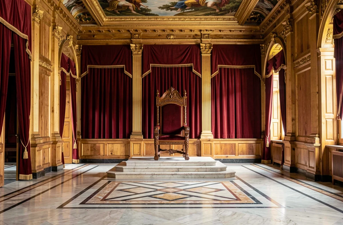 Salle du trône royale vide avec trône en bois sculpté doré et tentures en velours rouge, symbolisant le pouvoir et la fonction monarchique
