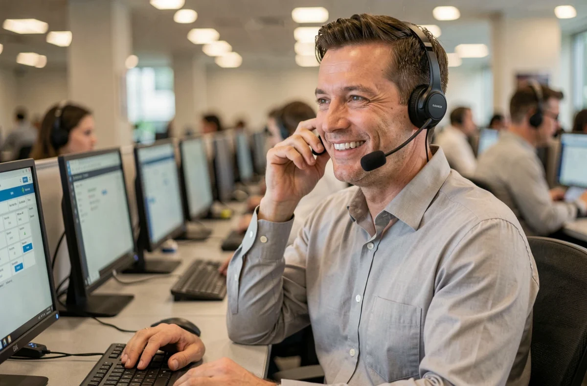 Agent de service client souriant avec casque téléphonique dans un centre d'appels moderne, représentant la réactivité et la disponibilité dans la relation client