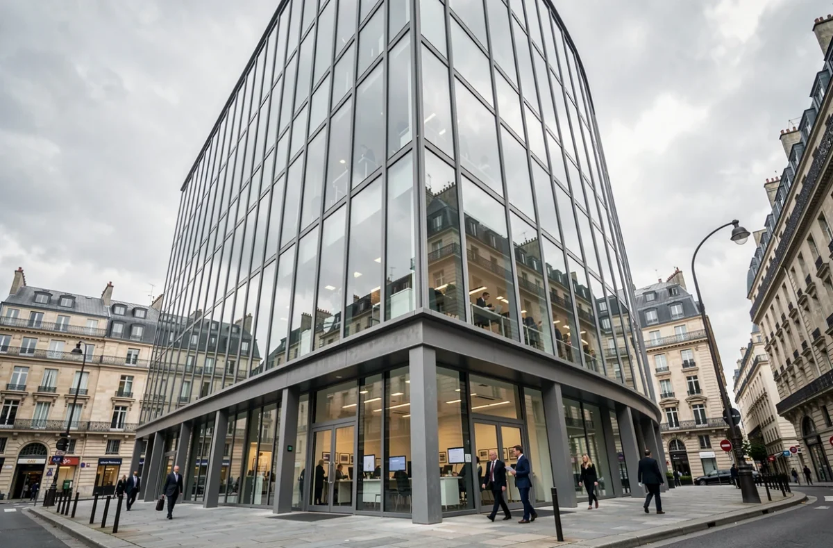 Immeuble du siège du groupe Le Monde à Paris photographié depuis la rue avec façade en verre et acier