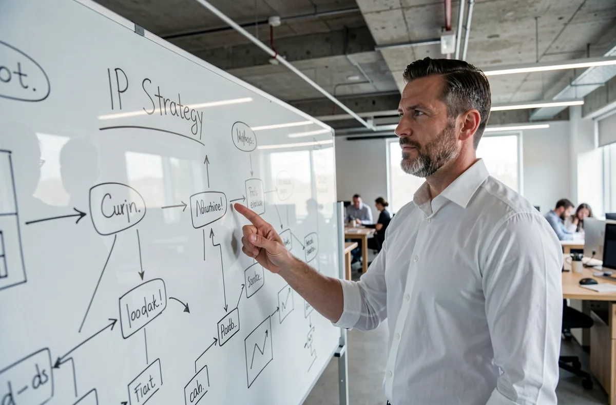 Entrepreneur présentant une stratégie de valorisation de la propriété intellectuelle sur un tableau blanc dans un bureau de startup