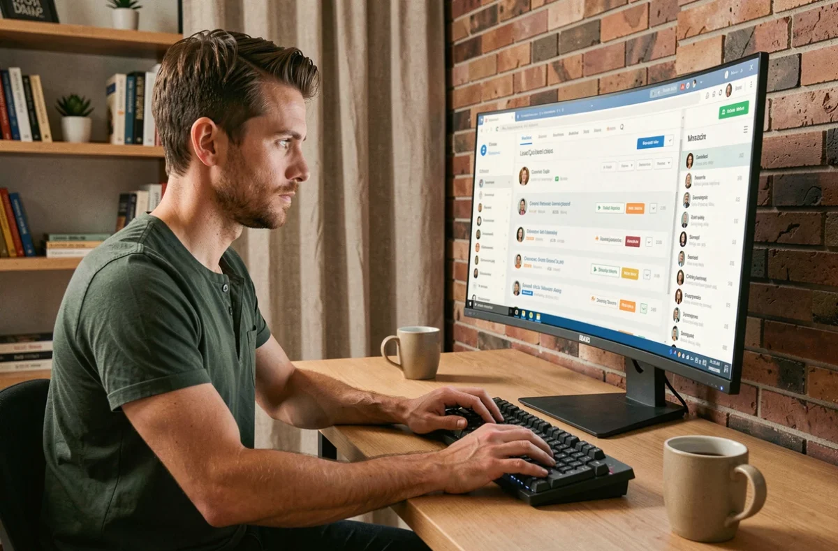 Professionnel du marketing digital travaillant sur un tableau de bord CRM de génération de leads B2B depuis un bureau à domicile