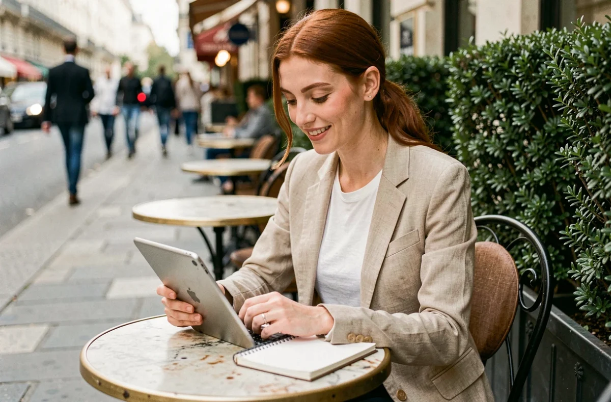 Jeune femme en télétravail nomade travaillant sur une tablette en terrasse de café à Paris, illustrant la flexibilité du travail à distance