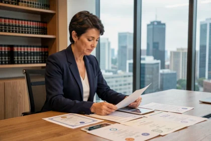 Femme d'affaires examinant des certificats de brevet et documents de propriété intellectuelle dans un bureau moderne