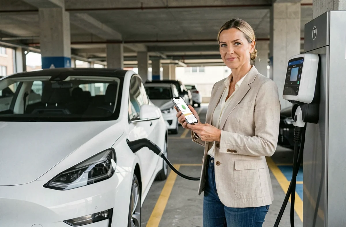 Femme utilisant un véhicule électrique pour réduire la taxe carbone en milieu urbain