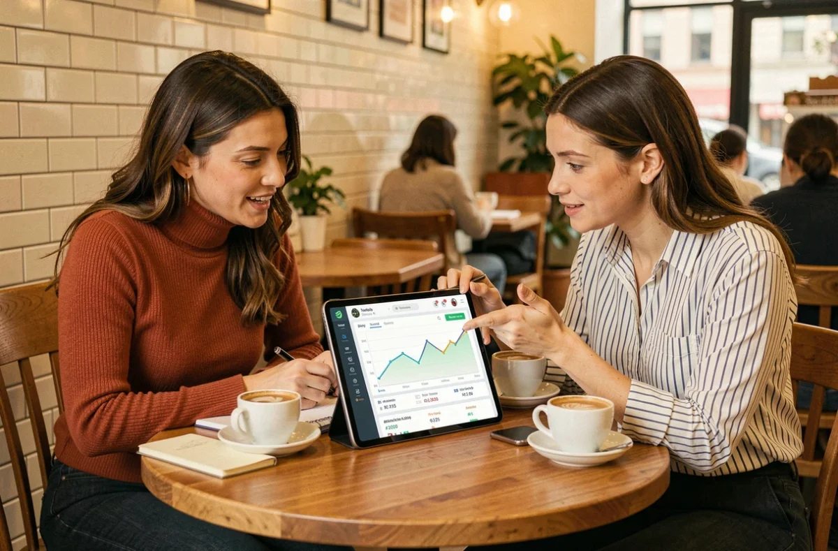 Deux professionnelles consultant un tableau de bord d'analyse des tendances sur une tablette dans un café
