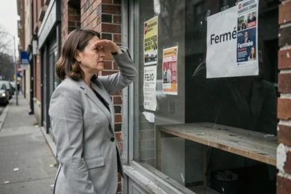 Femme vérifiant si un commerce est fermé en regardant à travers la vitrine d'un magasin avec un panneau Fermé visible